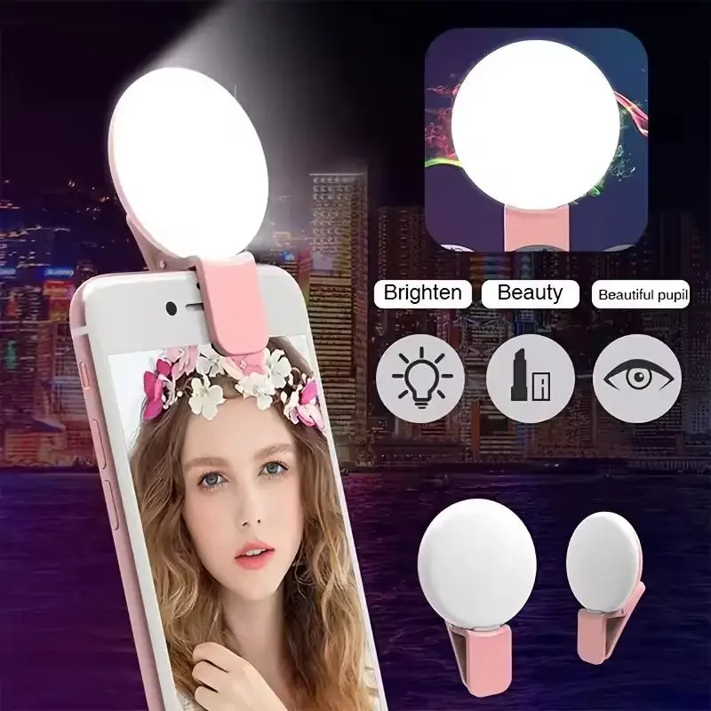 Photography Mobile Lighting - 小型ポータブル自撮り用リングライト、LEDランプ、USB充電式、写真撮影用クリップリングライト、汎用モバイルフォン用、ライブ動画用、美肌効果ランプ。