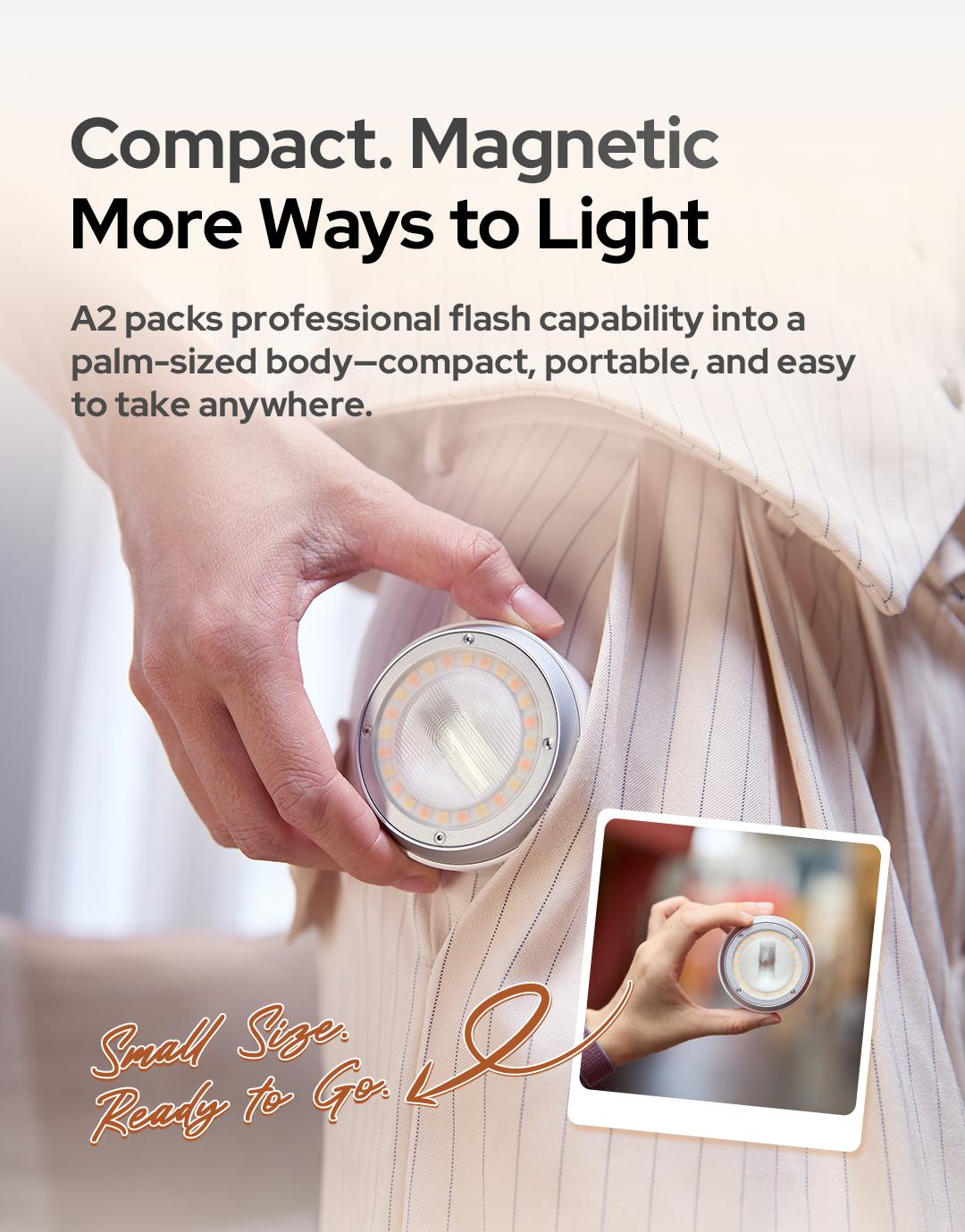 Photography Lighting Brands - Godox A2 マグネット式フラッシュライト。iPhoneやAndroidスマートフォンに対応。キセノンフラッシュ、LED、TTL、HSS、デュアルカラー（2800K～6000K）機能を搭載。セルフィー撮影に最適。